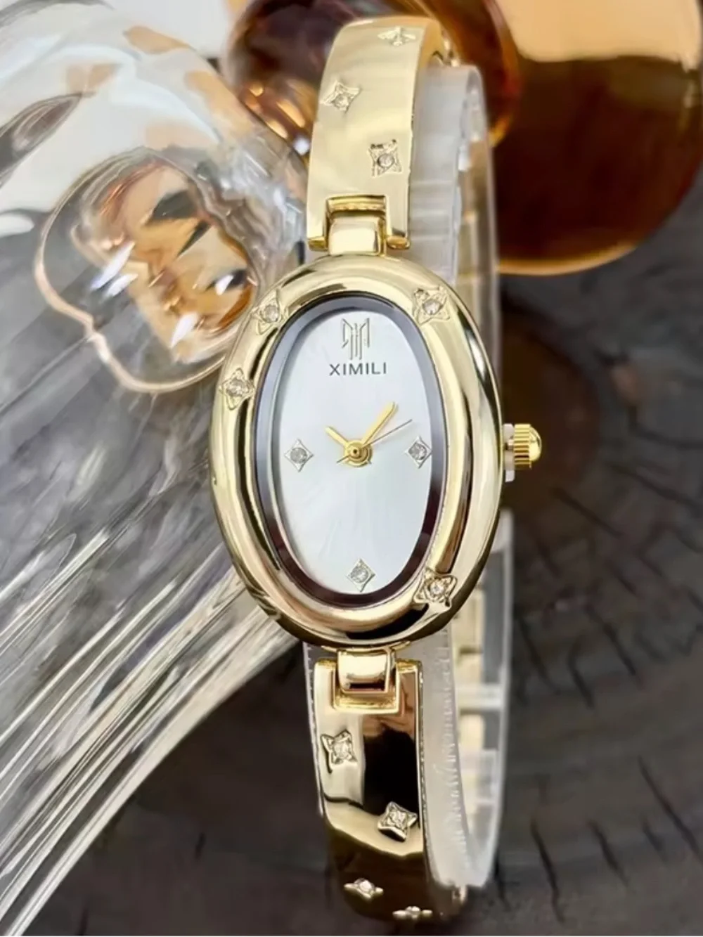 Anthropologie Gold-Tone Oval Bracelet Watch with Crystal Accents